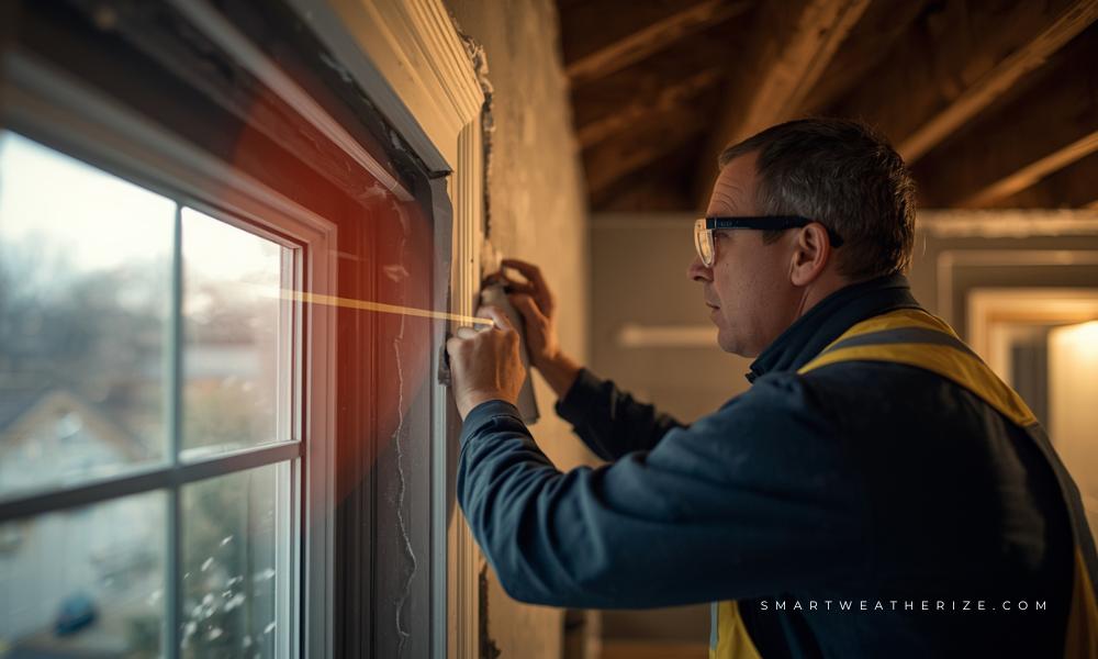 Technician applying air sealing materials like caulk, foam, and weatherstripping in different home areas