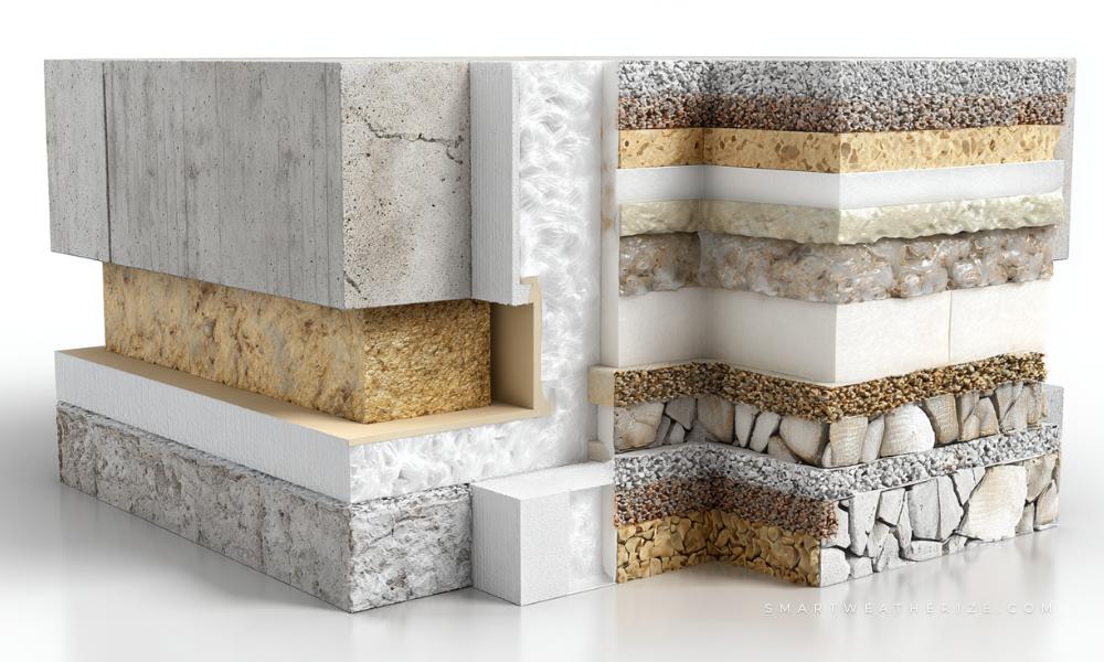 Diagram showing key basement air sealing areas including rim joists and sill plates