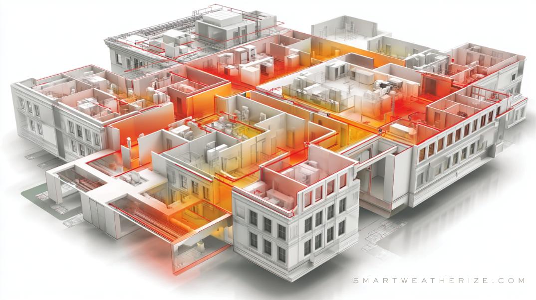 Thermal diagram showing typical air leak areas and sealing techniques in a commercial property
