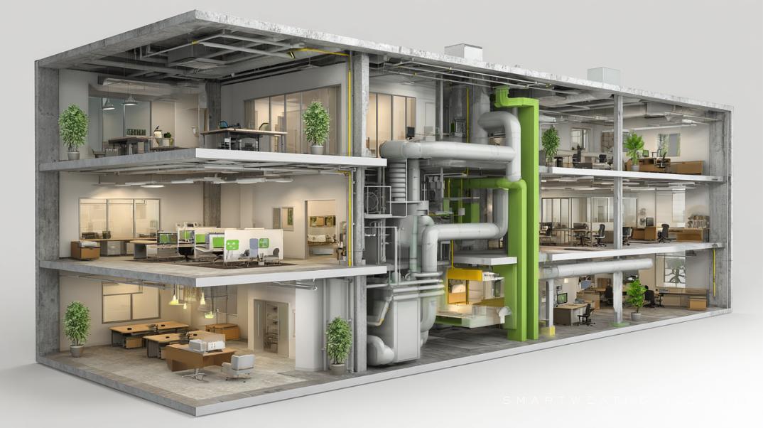 Modern commercial building with weatherization upgrades and professionals outside