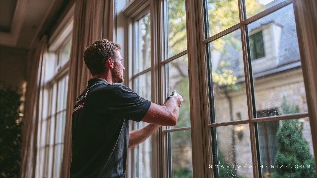 Technician sealing air leaks with caulk and inspecting ducts for weatherization improvements