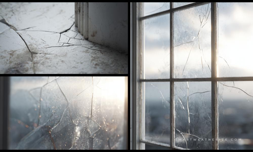 Four examples of window inefficiencies including cracked seals, condensation, and frame issues