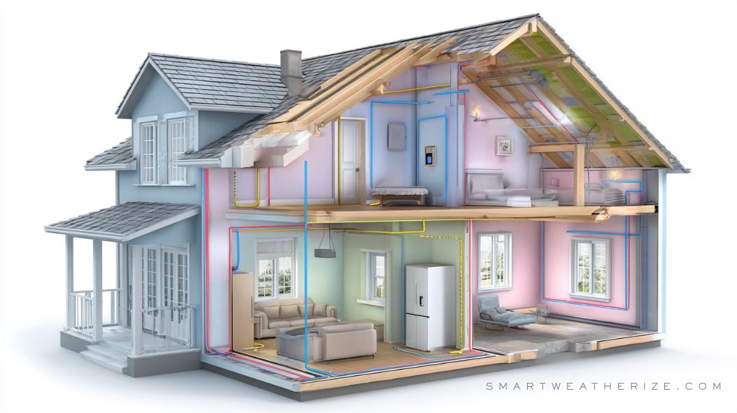 Cutaway of a home showing energy efficiency, cost savings, and comfort as key weatherization benefits