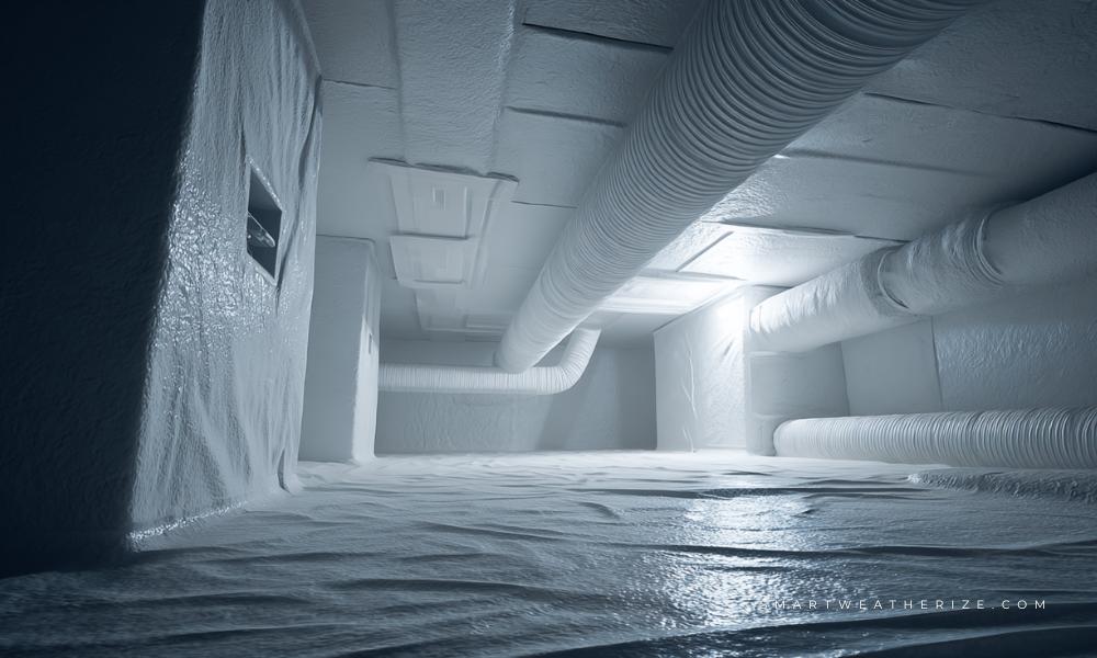 Insulated crawl space with vapor barrier and sealed vents under a home.