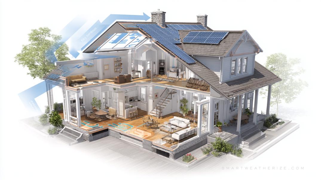 Illustration showing insulation, air sealing, and smart tech upgrades in a weatherized home