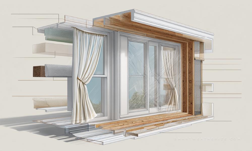 Diagram showing insulation layers like caulk, film, and curtains applied to a residential window