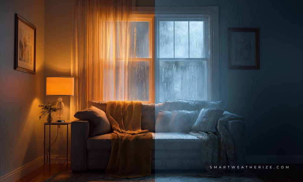 Living room comparison between a leaky and a weatherized window showing comfort difference