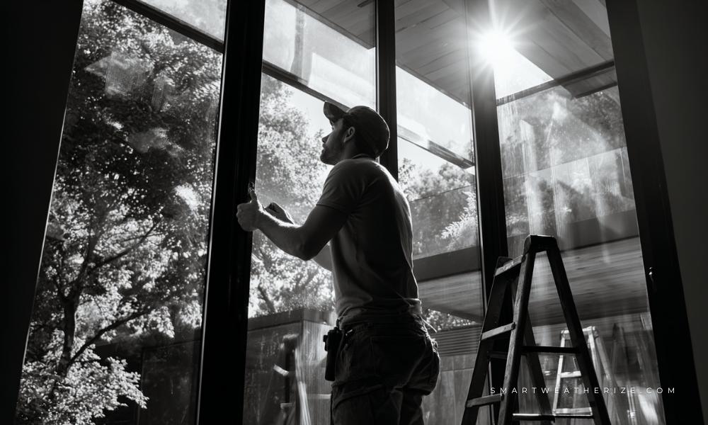Contractor installing a double-pane ENERGY STAR window with Low-E coating