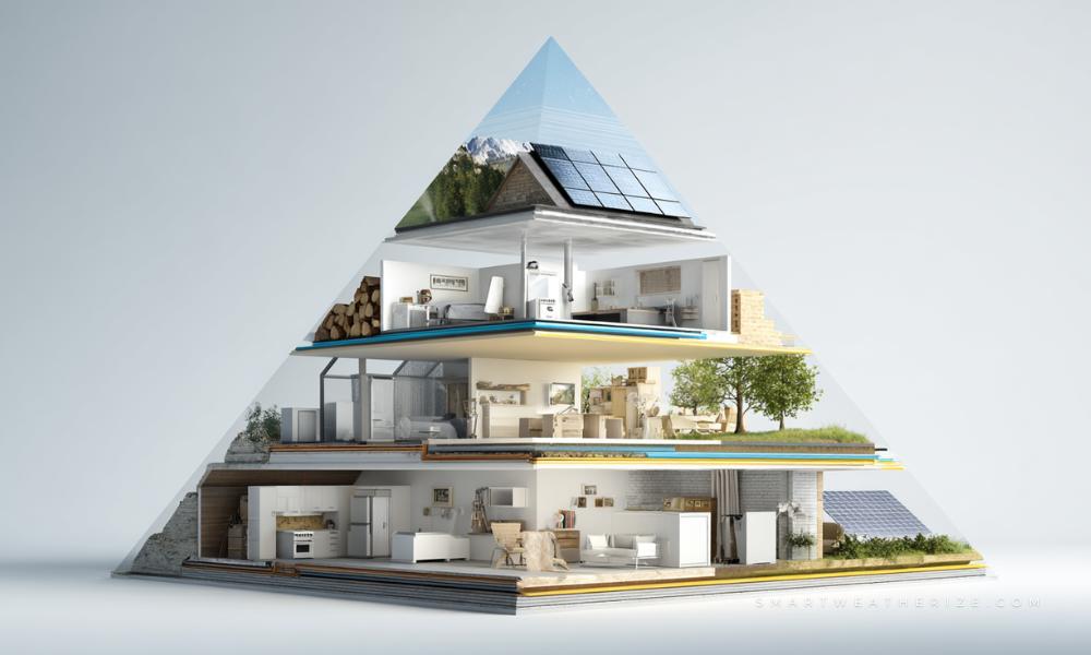 Diagram showing pyramid of home upgrades with air sealing as foundational step