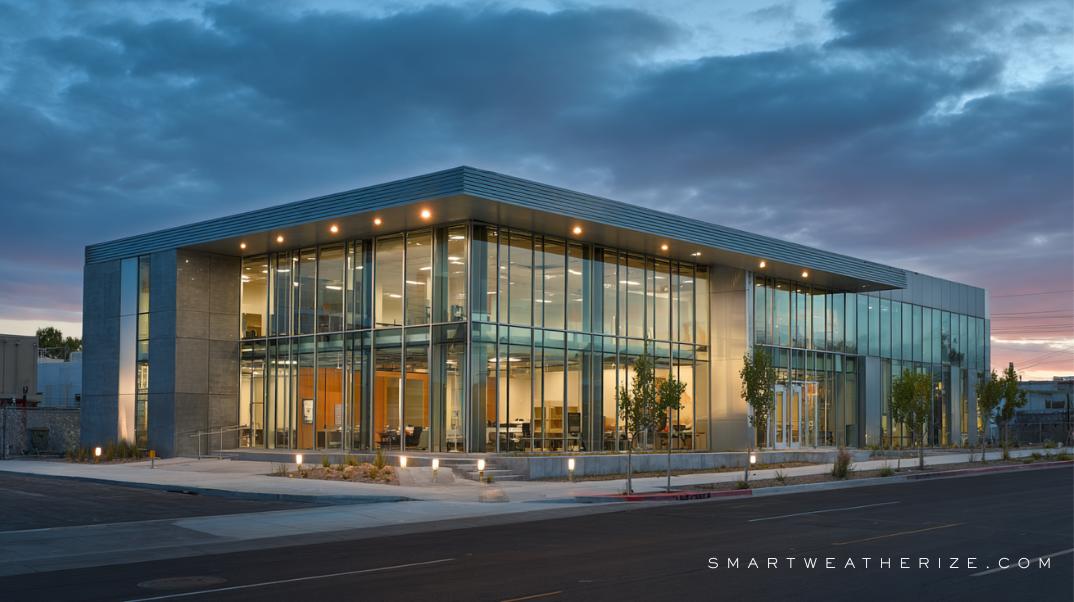 Modern commercial building with weatherization upgrades and professionals outside