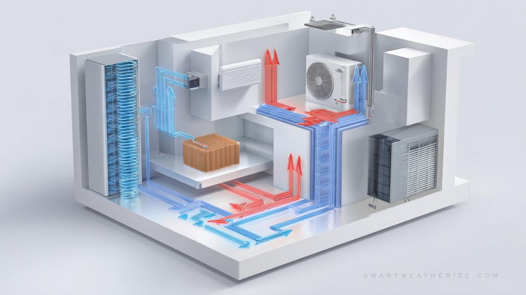 Diagram showing efficient HVAC components including ducts, filter, and smart thermostat