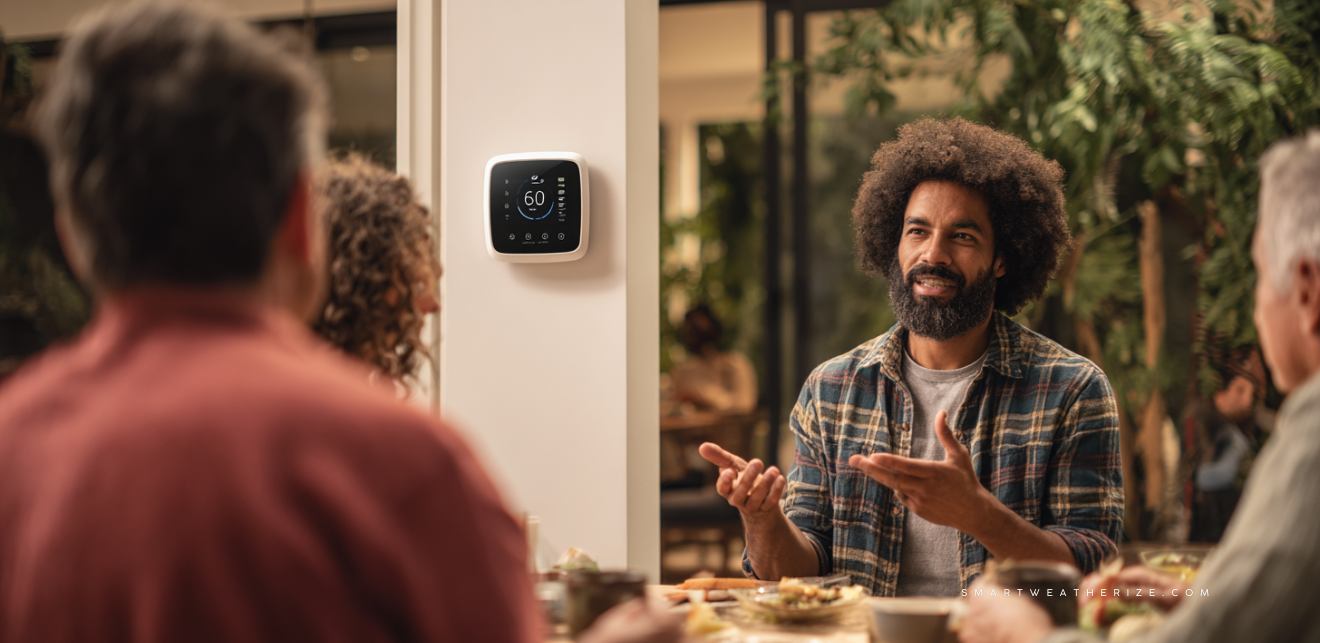 Modern energy-efficient home at dusk with glowing windows and a sleek HVAC unit representing comfort and savings