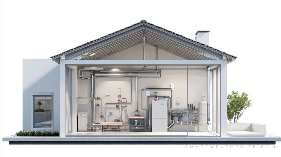 Flowchart showing four HVAC system optimization steps with icons and energy savings benefits