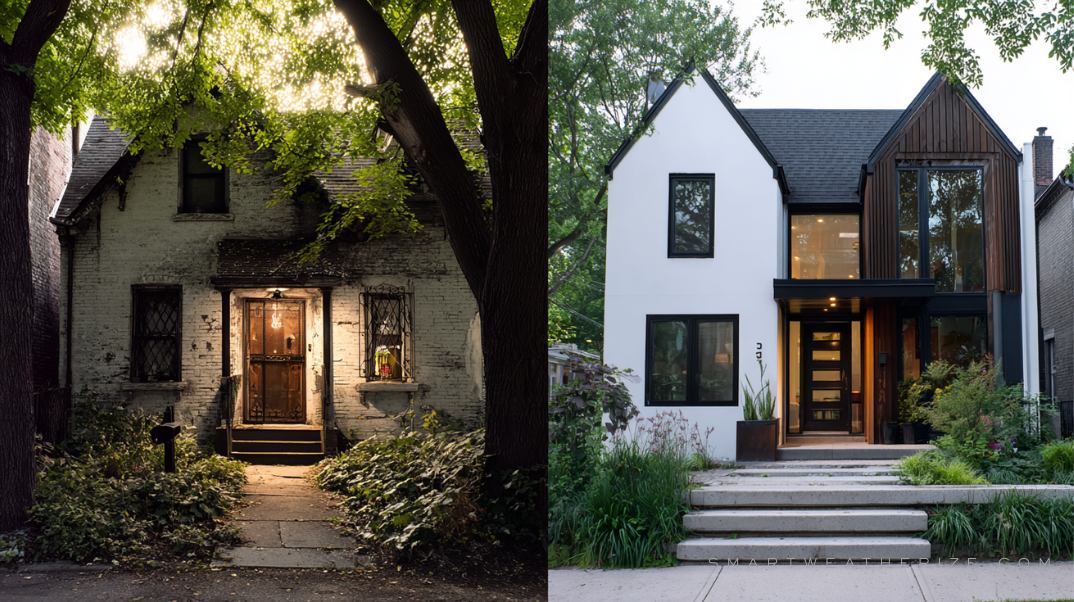 Visual comparison of weatherization upgrades and savings in older Chicago and modern Austin homes