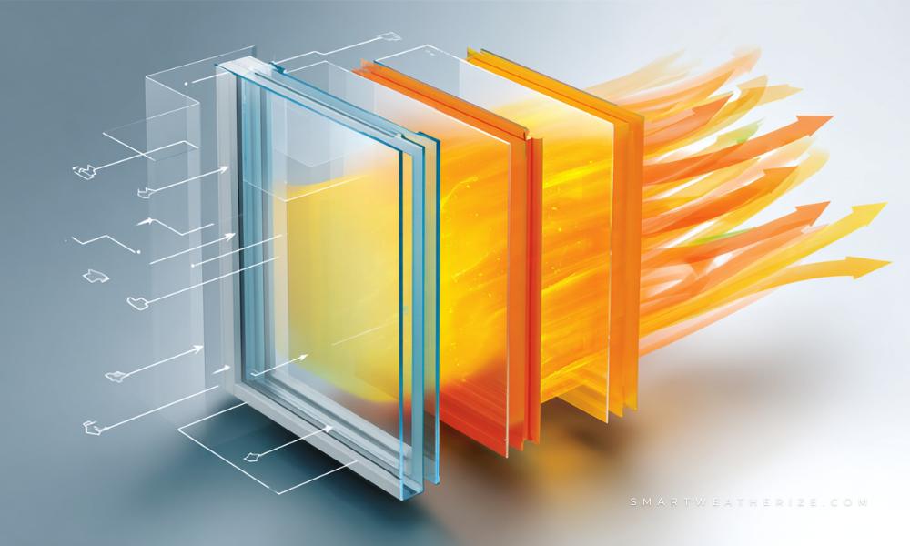 Diagram showing conduction, convection, radiation, and air leakage in windows