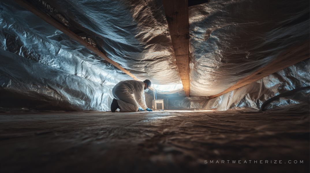 Technicians installing attic insulation and foam board in a basement with R-value chart overlay