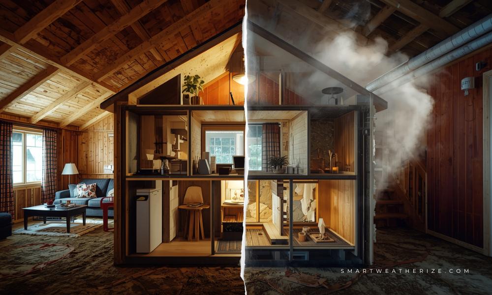 Split view of a home showing insulation and air sealing upgrades versus energy-wasting version