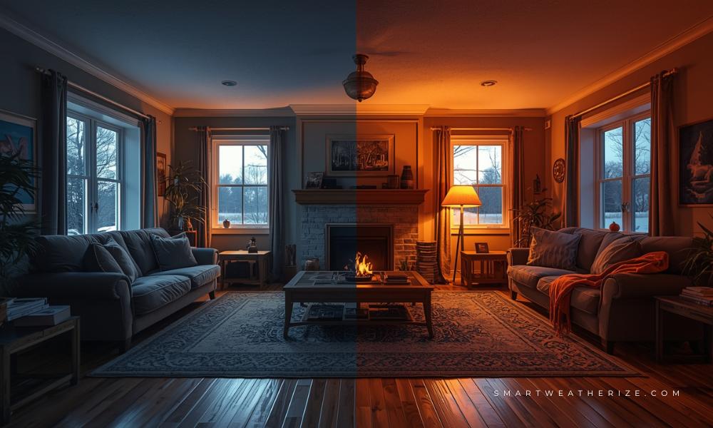 Comparison of comfortable insulated living room and a cold, drafty room