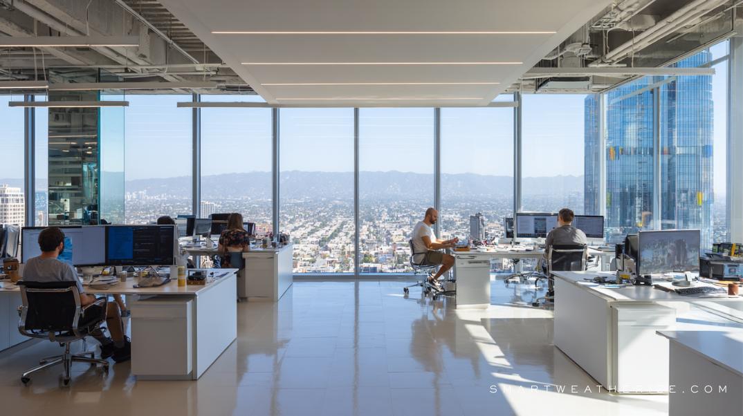 Office using energy-efficient LED lighting and smart power strips for energy savings