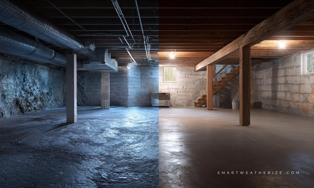 Before and after view of a weatherized basement in Minnesota with insulation and improved humidity control