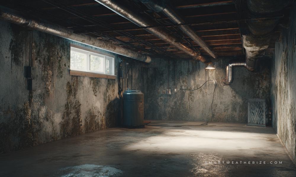 Unfinished basement with water damage, visible mold, and moisture control tools like a sump pump.