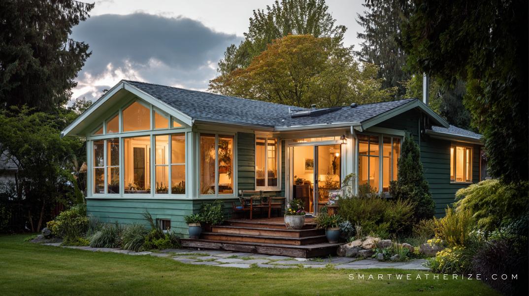 A well-insulated home shown with seasonal contrast and visible energy-saving upgrades