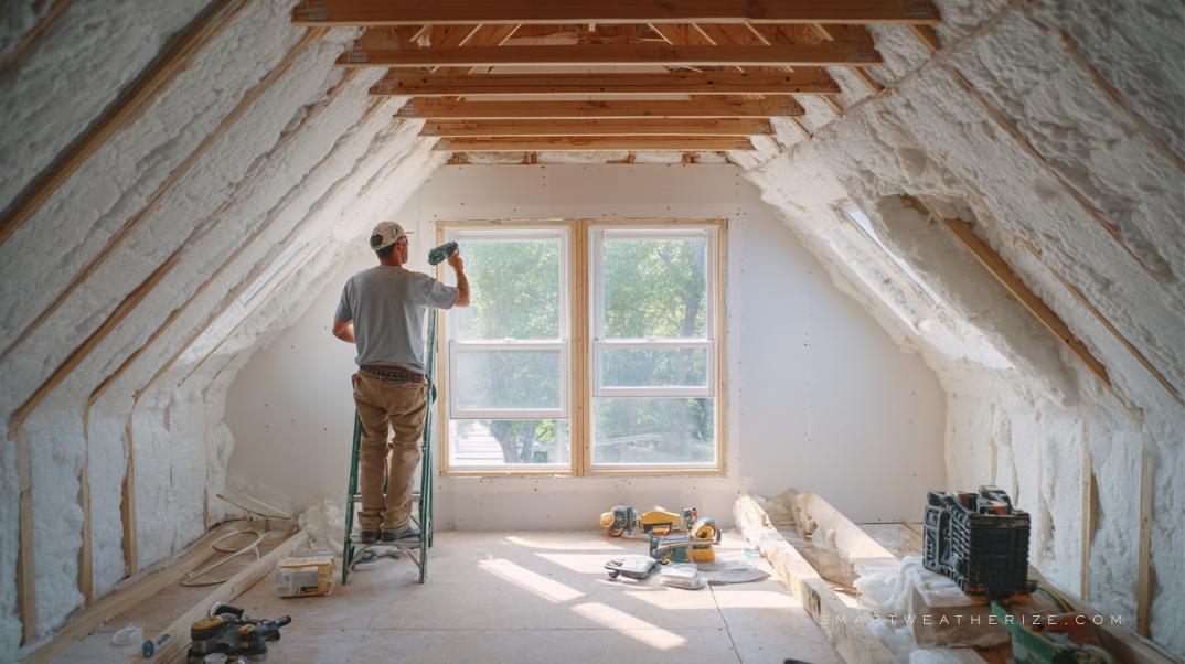 Homeowner and contractor sealing windows and insulating attic for weatherization