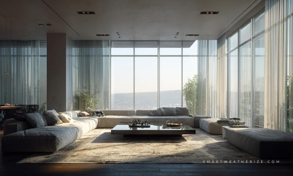Modern living room with dynamic tinting smart glass windows and mobile controls