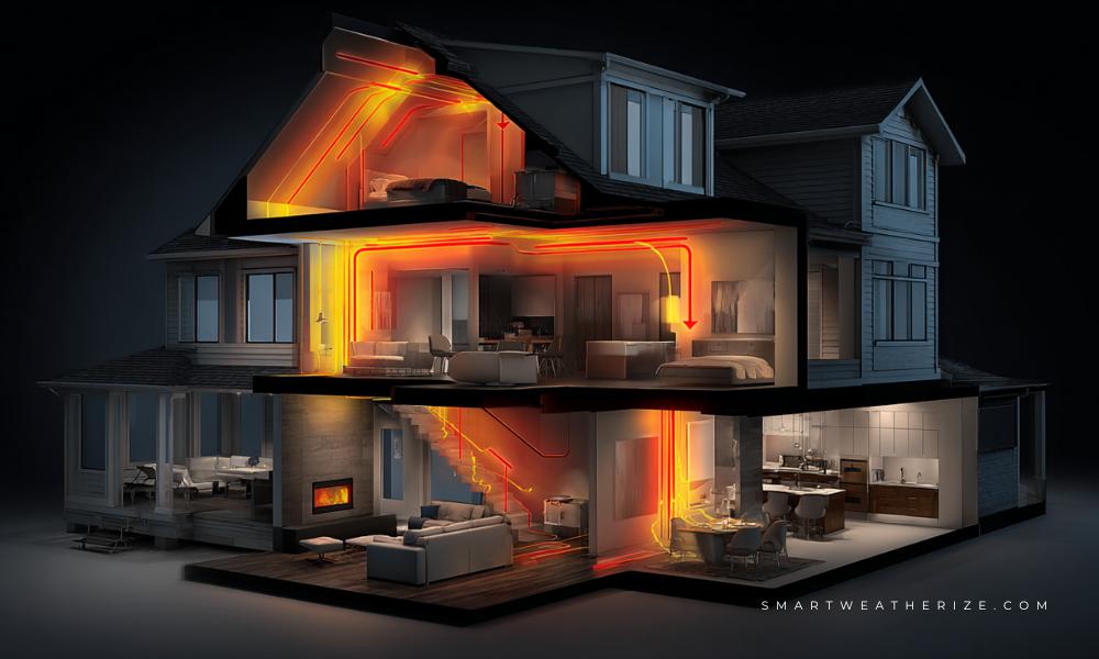Cutaway house showing warm air rising and cold air entering through an unsealed basement.