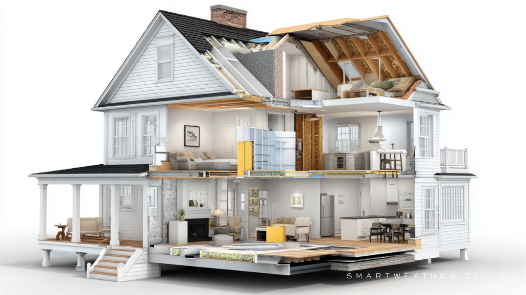 Contractors applying fiberglass and spray foam insulation in attic space