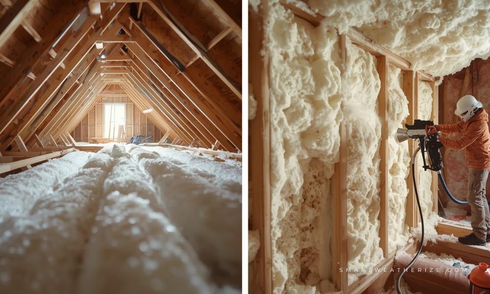 Visual comparison of fiberglass batt insulation and spray foam in a home