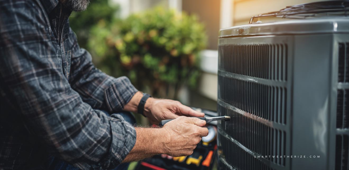 Technician optimizing a home HVAC system with smart thermostat and ductwork improvements