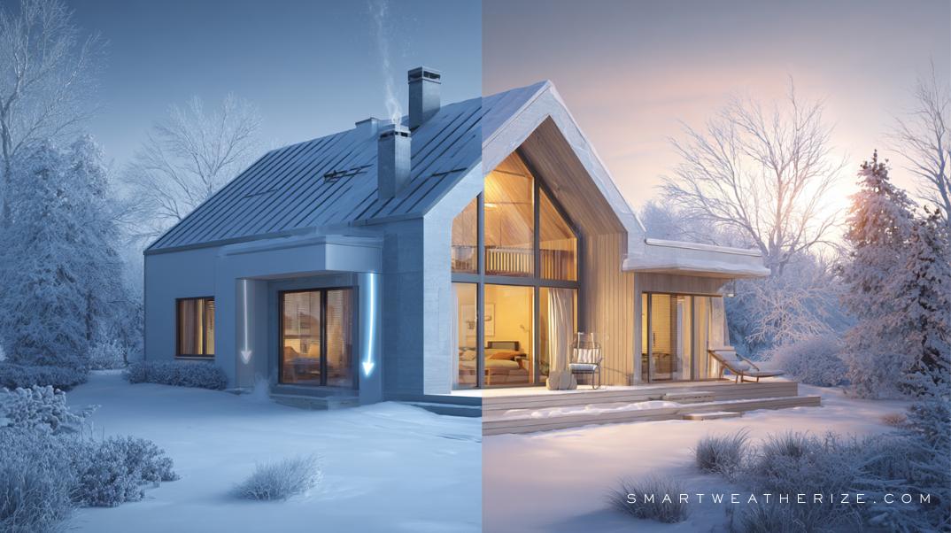 Split-view home showing winter air sealing and summer insulation benefits side by side