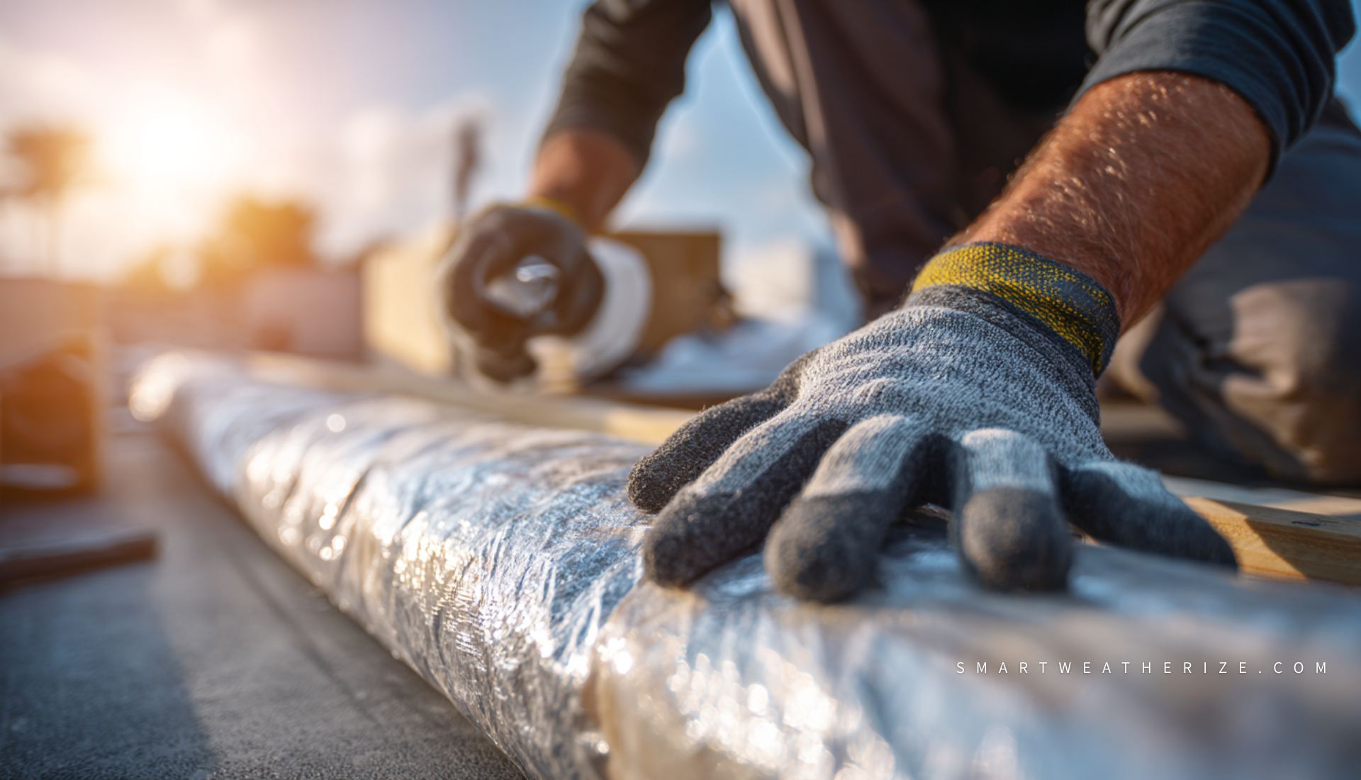 Workers sealing ducts, applying foam, and insulating a mobile home for energy efficiency.
