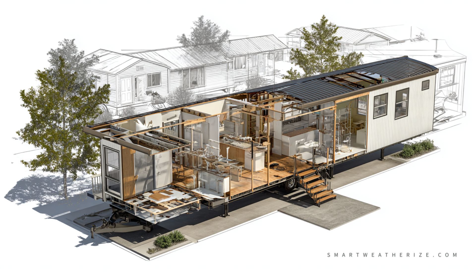 Cutaway diagram showing insulation and framing weaknesses in a mobile home