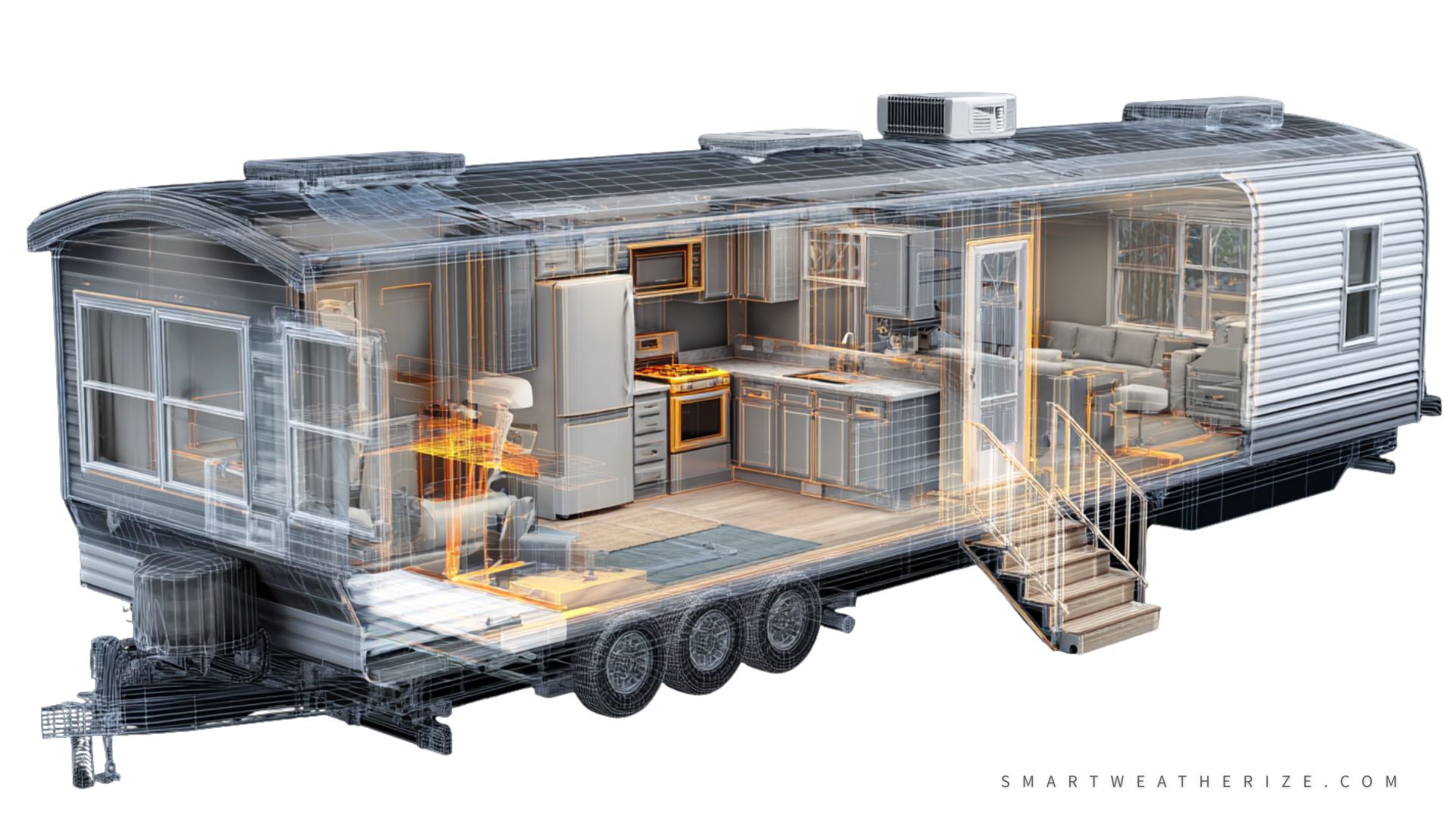 Technician inspecting a mobile home for air leaks with thermal imaging overlay.