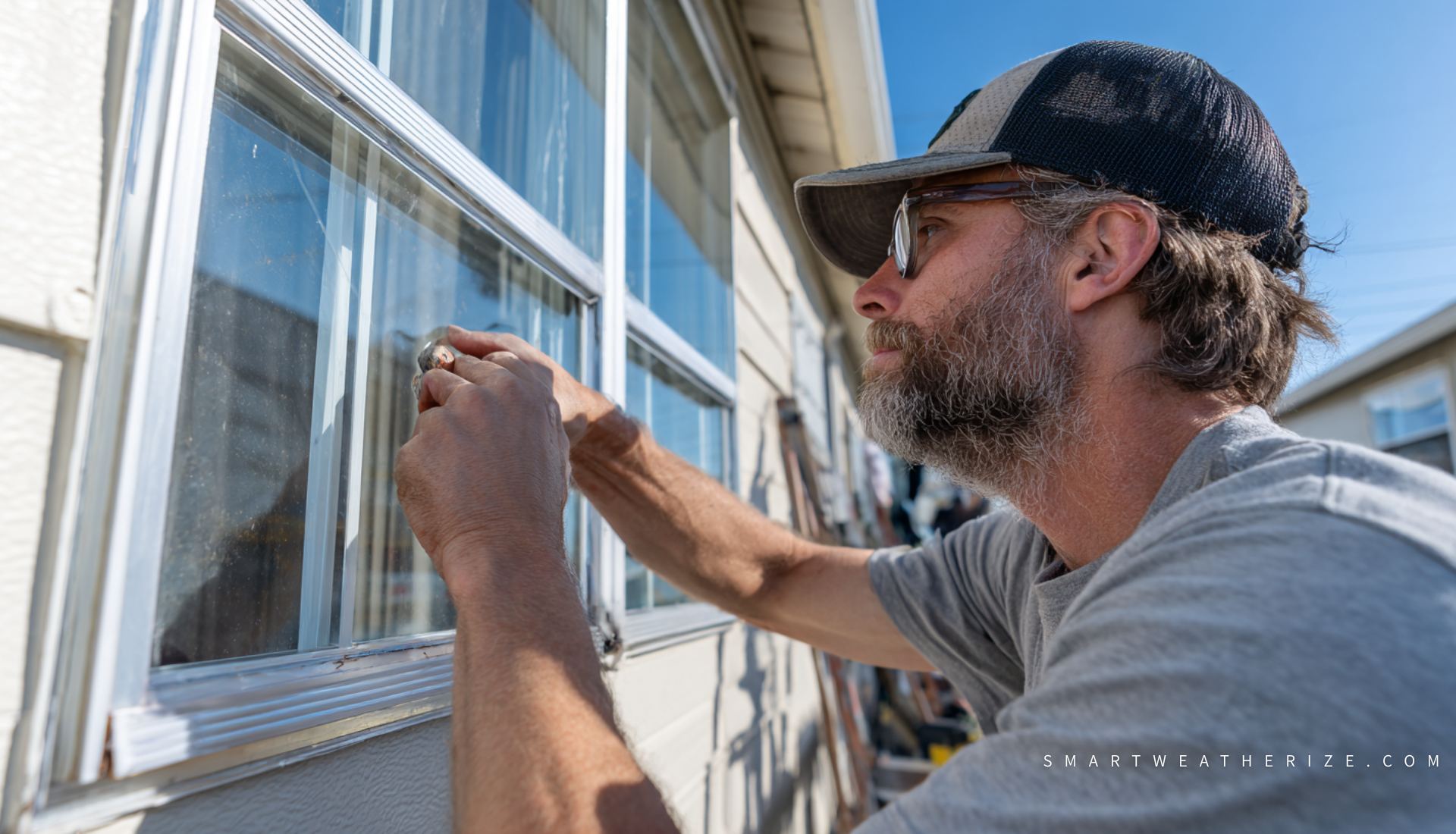 Technicians upgrading jalousie windows and installing insulated doors on a mobile home.