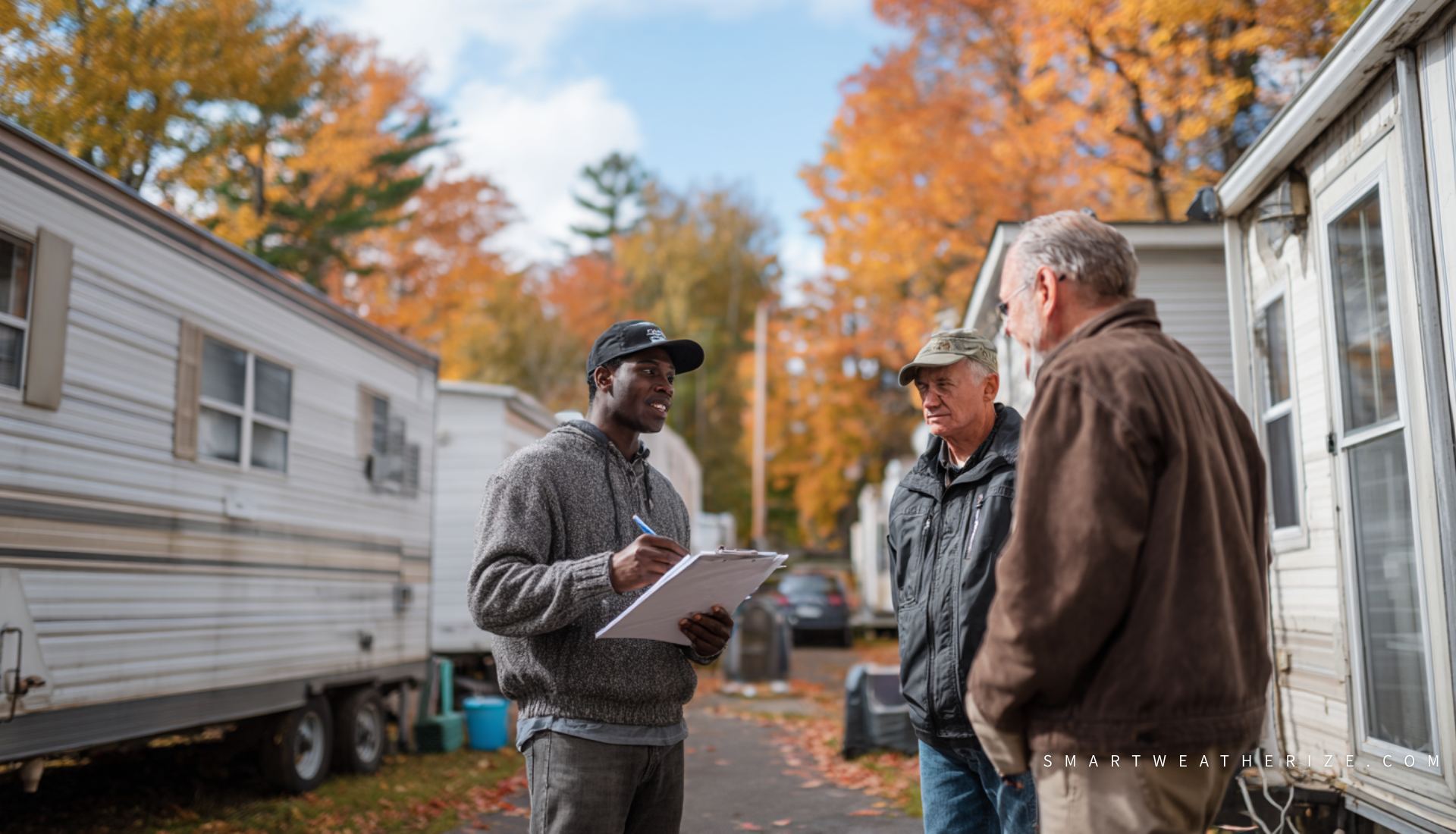 Auditor performing blower door test and checking insulation in a mobile home
