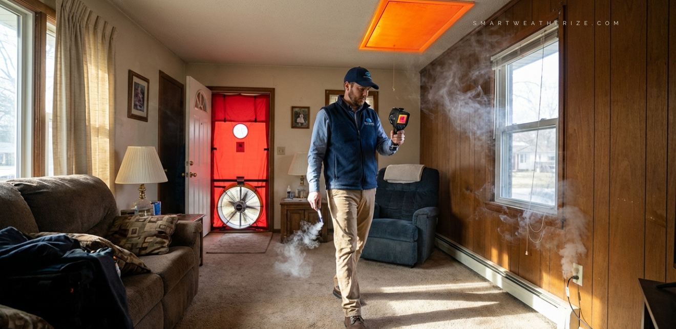 Home energy auditor using smoke pen and thermal camera to detect leaks around windows and attic during blower door test