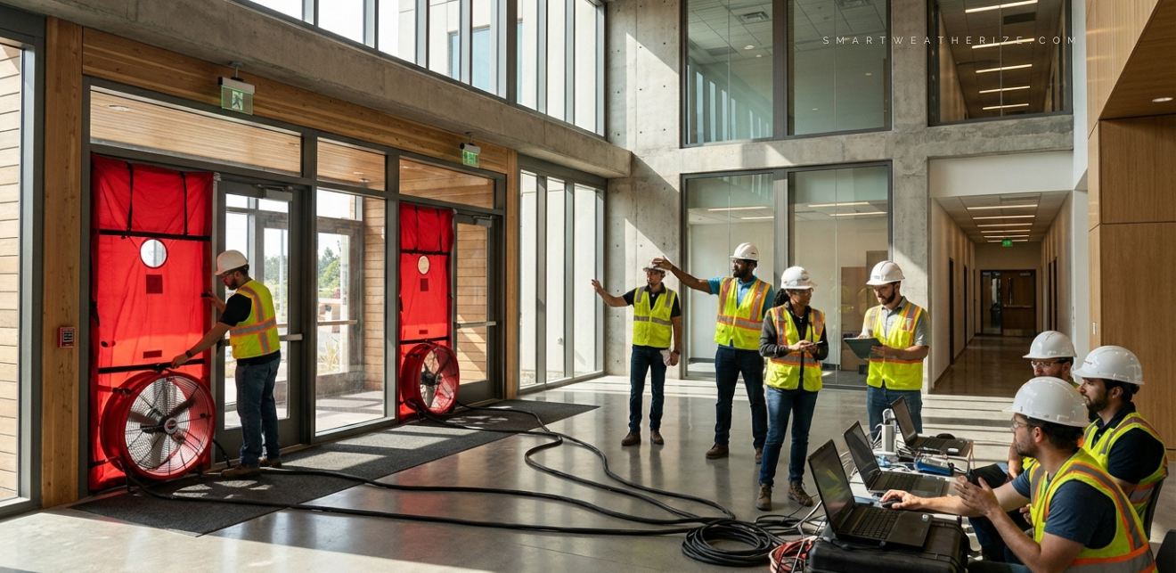 Technicians running blower door test with multiple fans in a commercial or multifamily building lobby