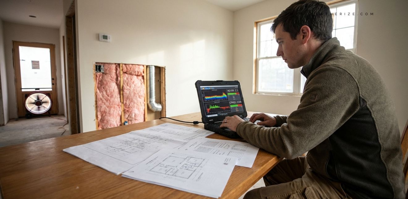 Technician analyzing blower door test airflow results on tablet showing ACH50 and CFM50 metrics