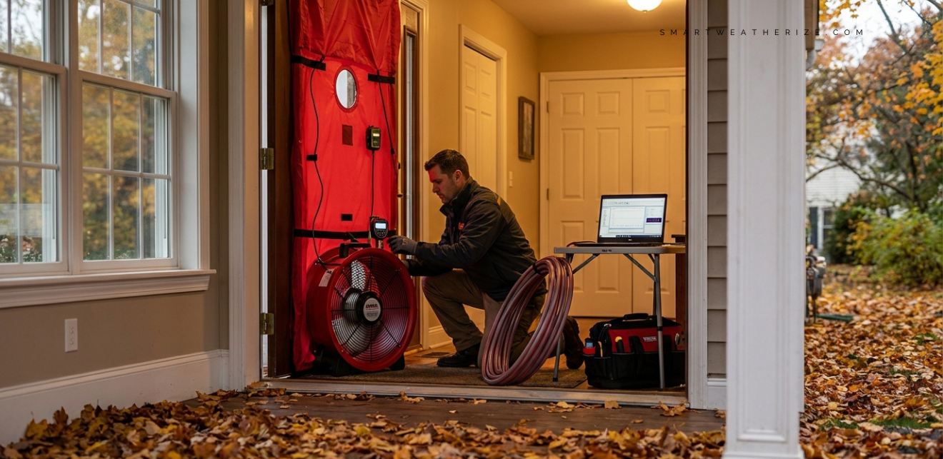 Energy technician installing blower door test fan in a home’s front doorway to check for air leaks