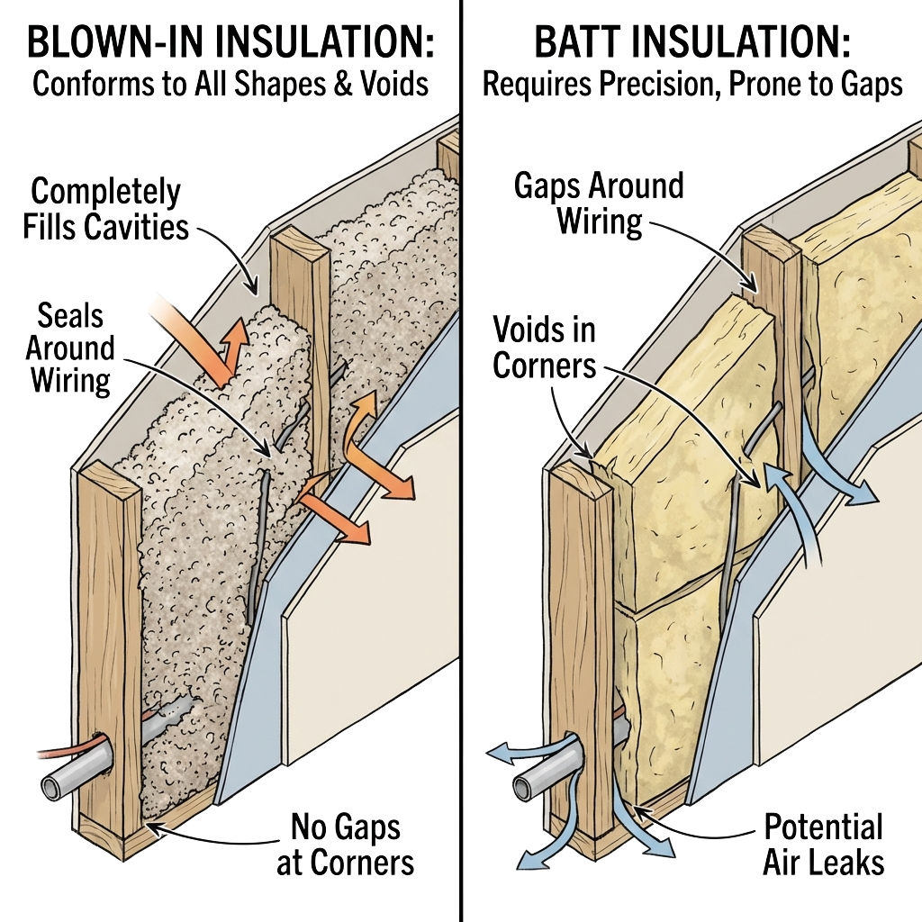 Diagram showing blown-in insulation vs batt insulation