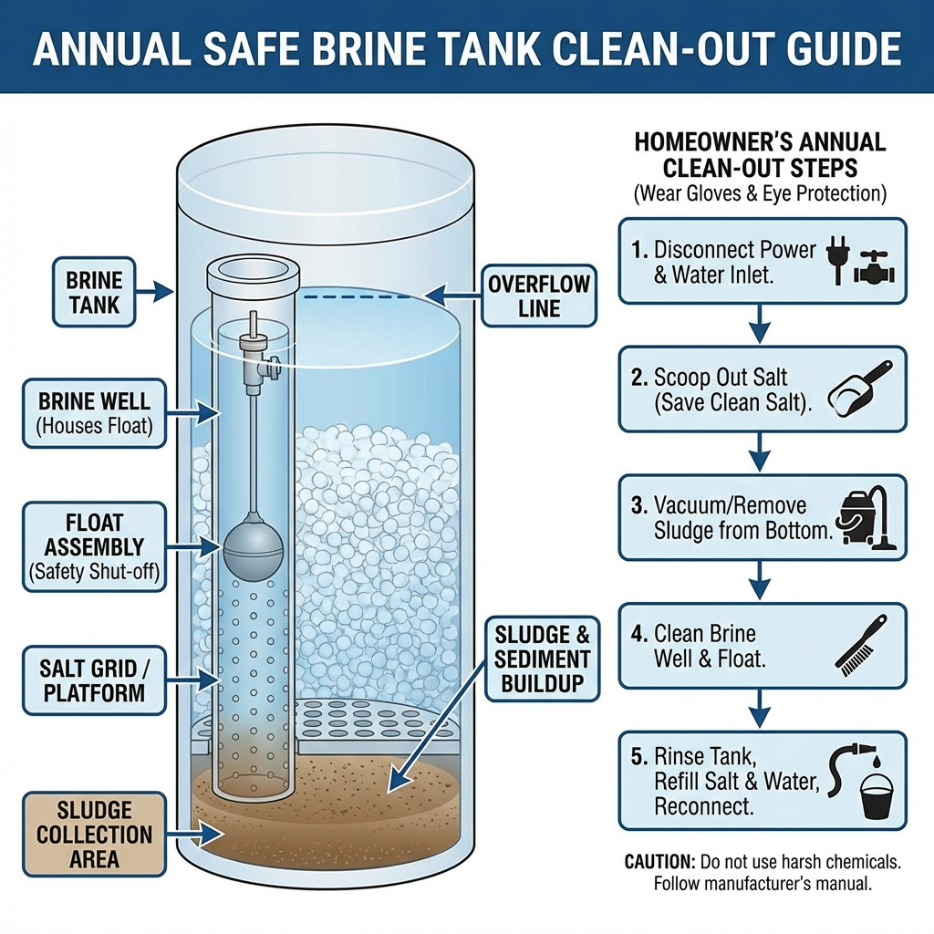 Brine tank clean-out guide showing steps to empty salt, scrub tank, rinse, and refill safely