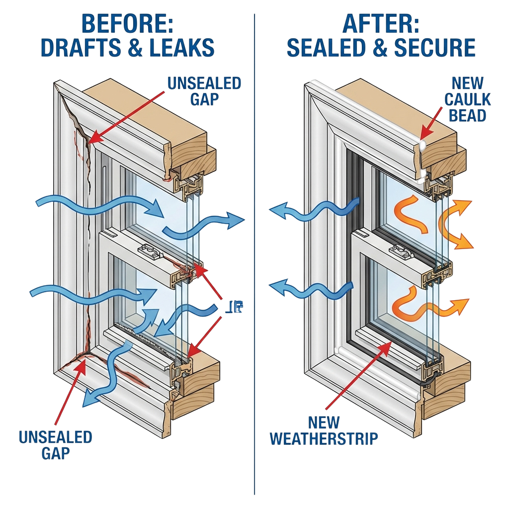 Before and after comparison showing caulk sealing around a window frame and weatherstripping added to the sash to stop drafts