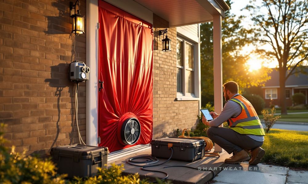 Blower door test setup during energy audit